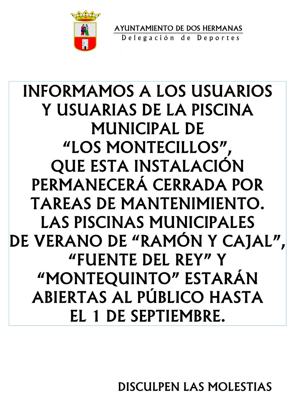 Se cierra la Piscina Municipal de Los Montecillos por tareas de mantenimiento