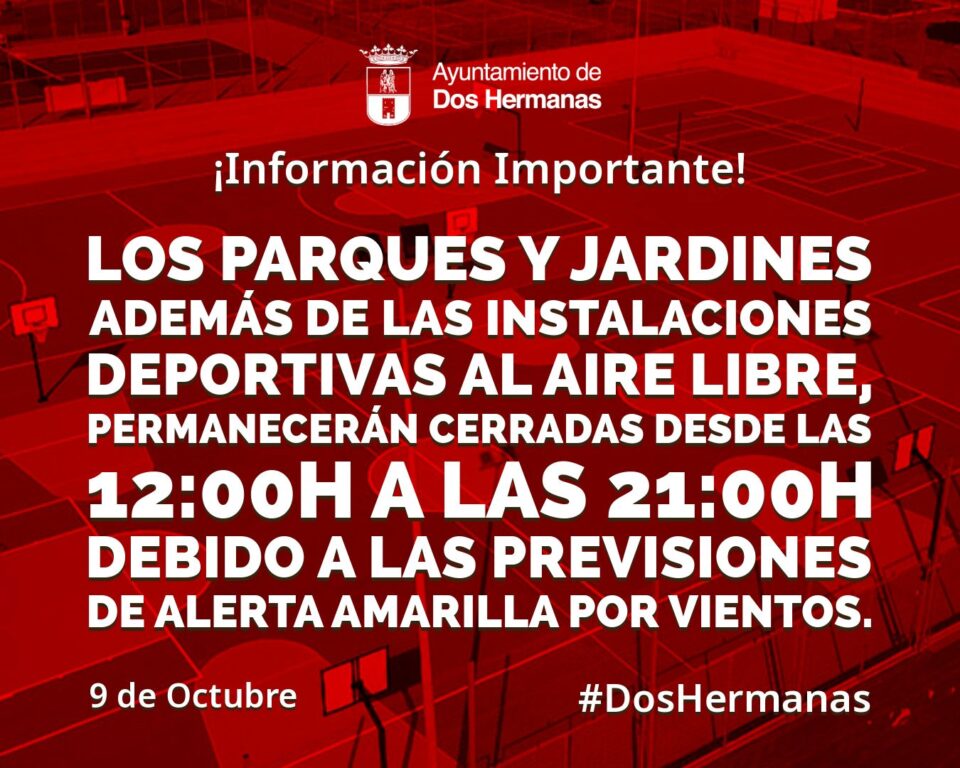 Cierre temporal de parques y áreas deportivas en Dos Hermanas por alerta amarilla por vientos