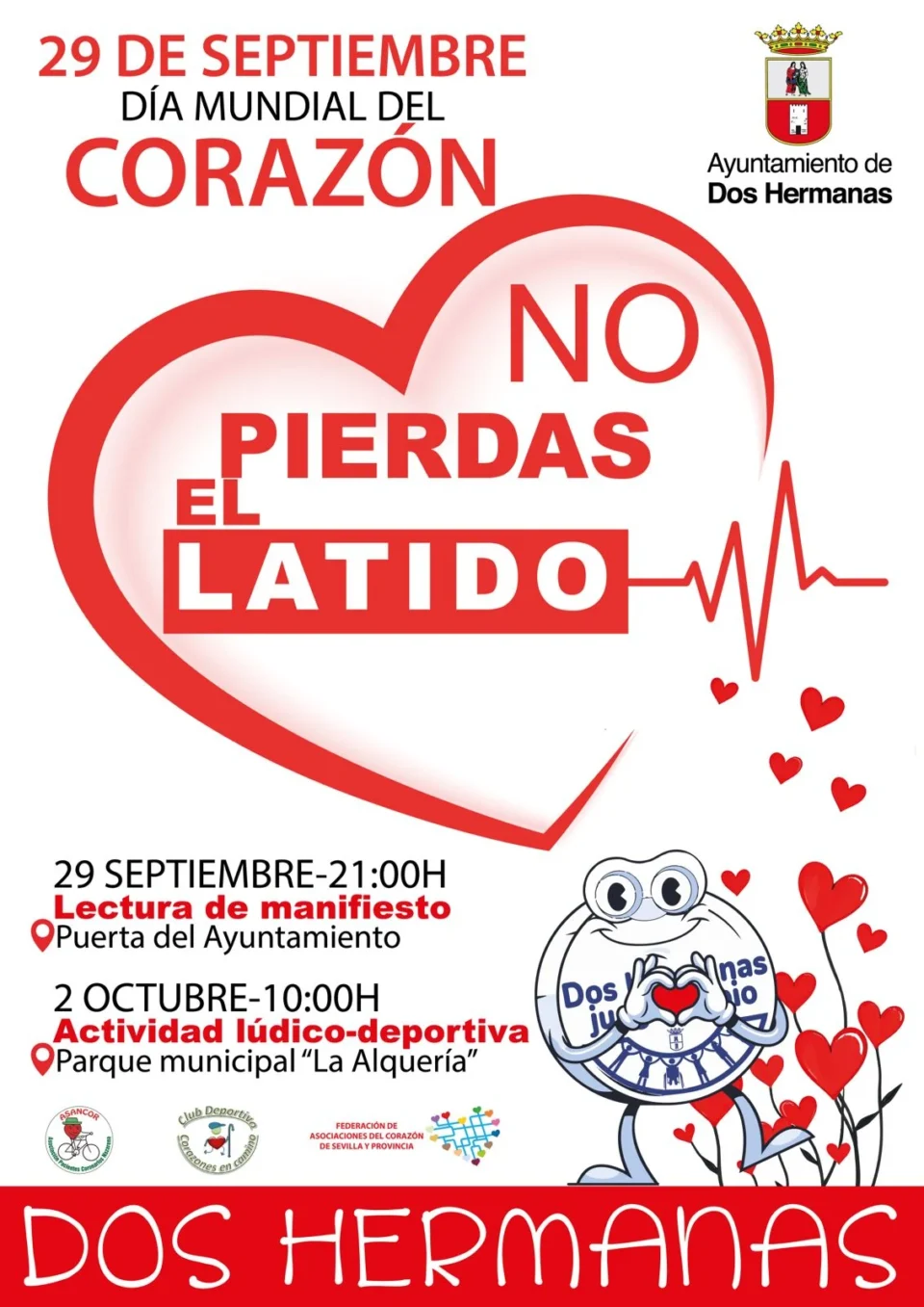 Cartel del Día Mundial del Corazón 2026 en Dos Hermanas: manifiesto el 29 de septiembre a las 21:00 y actividad lúdico-deportiva el 2 de octubre a las 10:00.